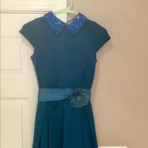 Teal knit dress with jeweled collar
